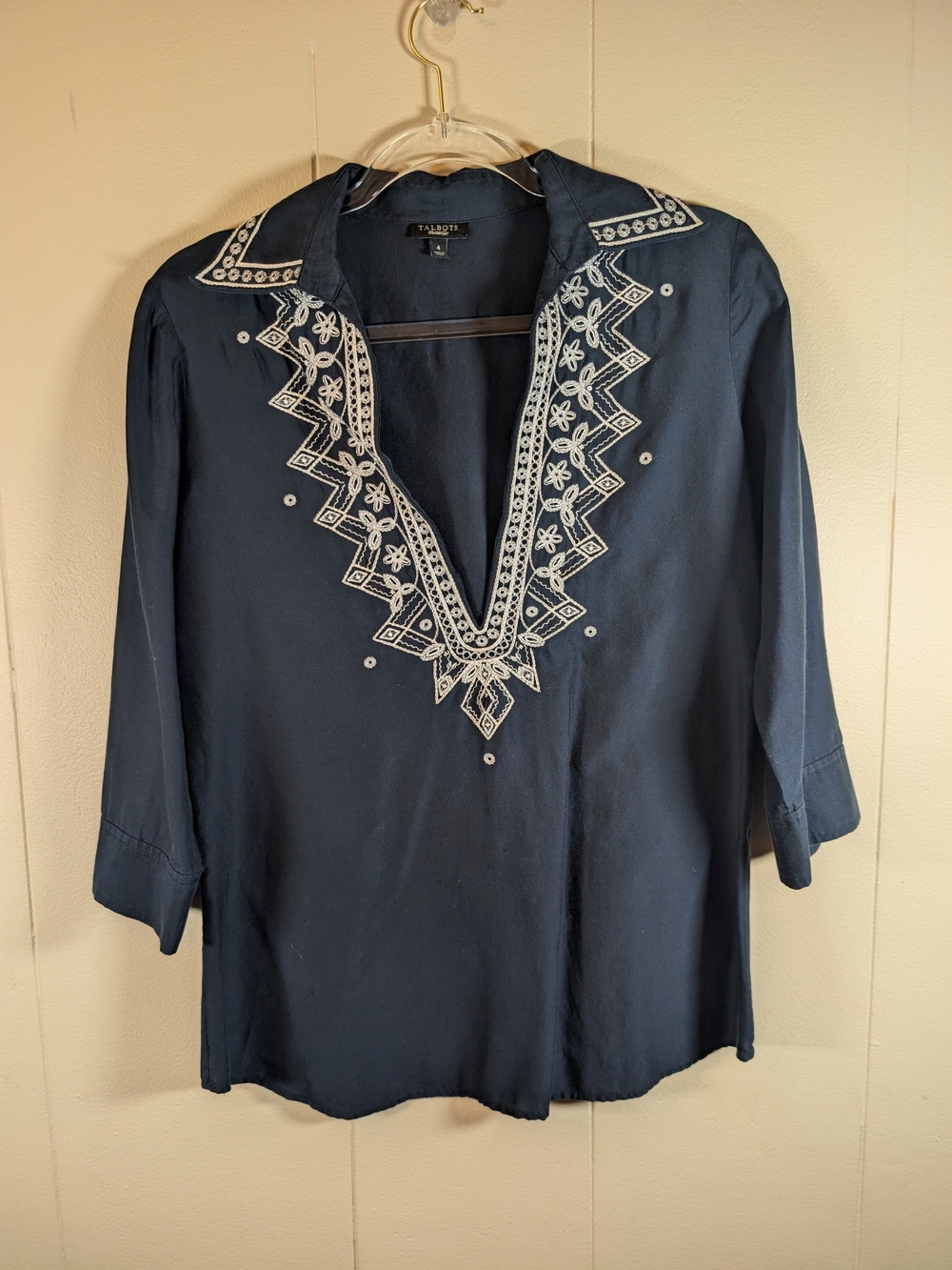 Talbots Navy Embroidered Tunic Top Size 4 Boho Coastal Resort 3/4 Sleeve